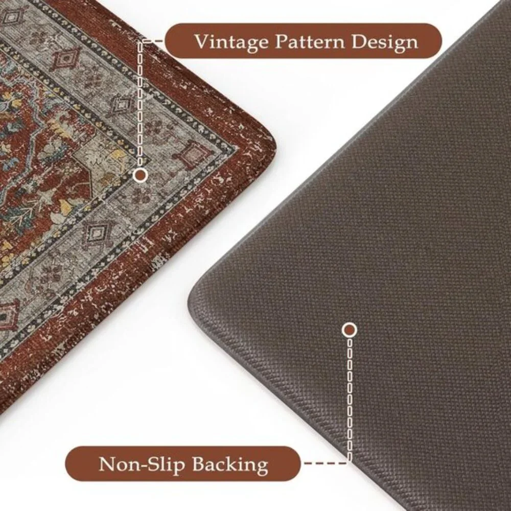 New Set of 2 Vintage Red Kitchen Rug, Anti-Fatigue, Non-Slip, Waterproof Mats